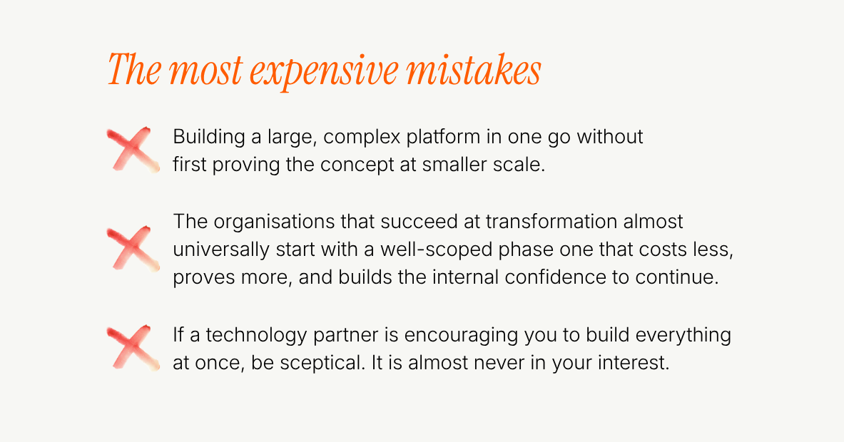 Warning against building a large, complex technology platform all at once. Successful digital transformation usually begins with a smaller, well-scoped first phase that reduces costs, proves the concept and builds confidence before further investment.